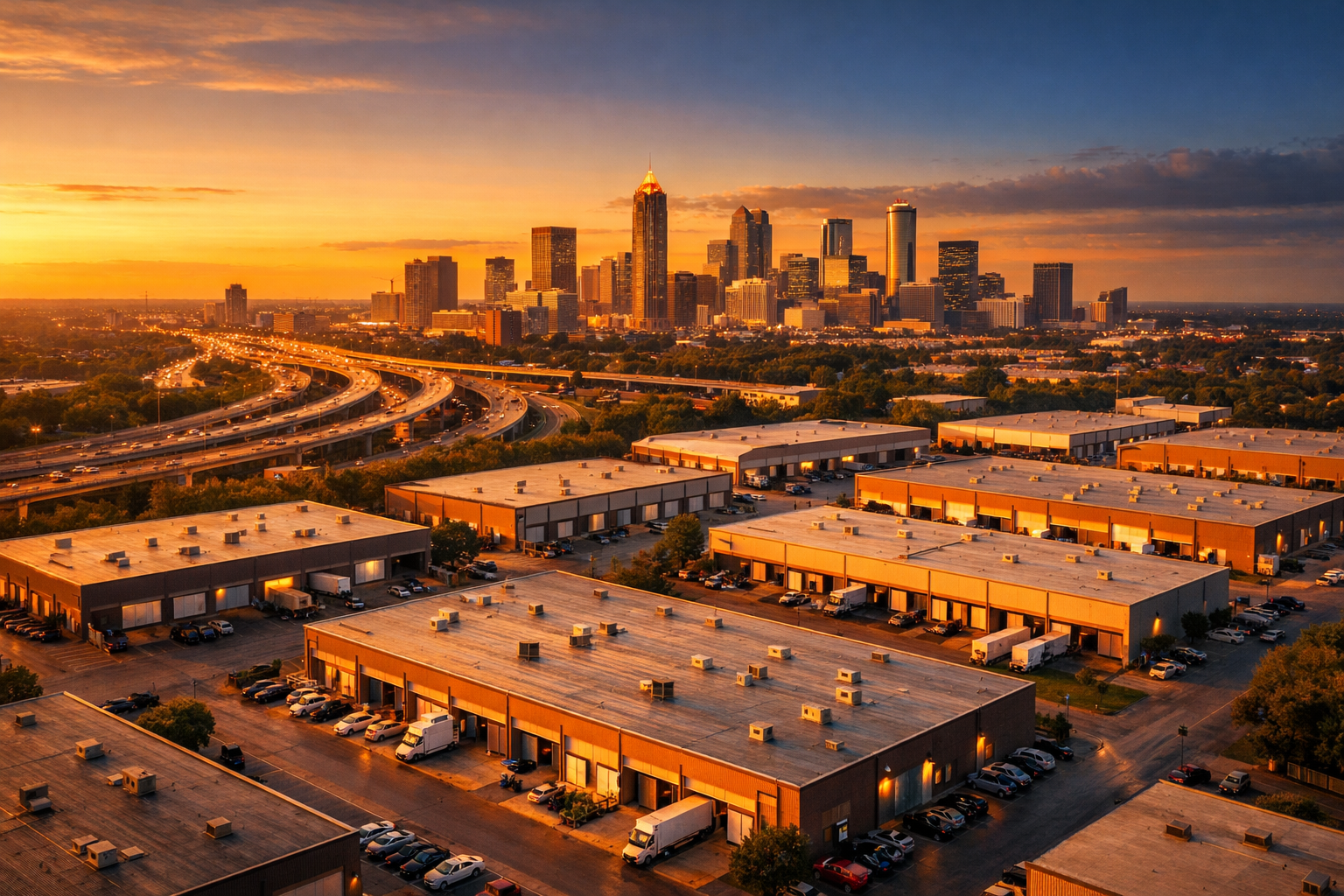 Atlanta industrial warehouse district at sunset